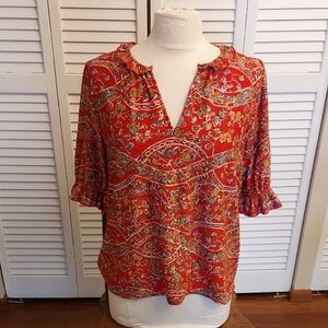 Red Paisley V-Neck Ruffle Sleeve Blouse